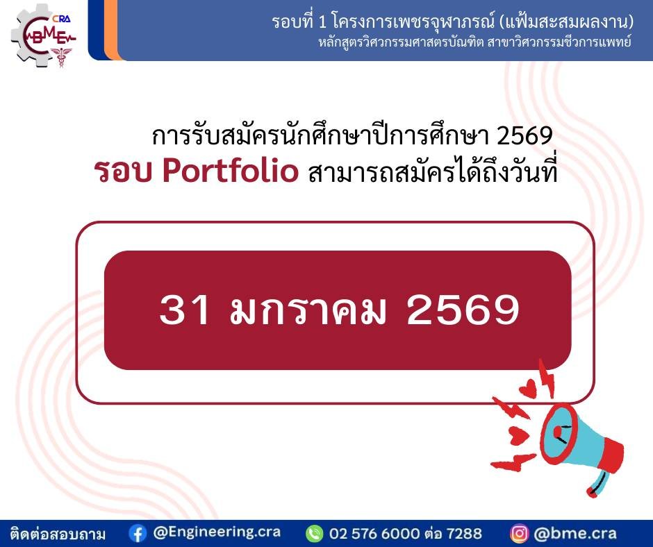การปิดรับสมัครนักศึกษาปีการศึกษา 2569 รอบที่ 1 (Portfolio)